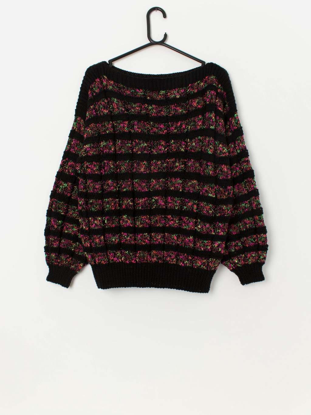 Vintage handknitted black sweater with neon pink and yellow stripes - Medium / Large - Image 3