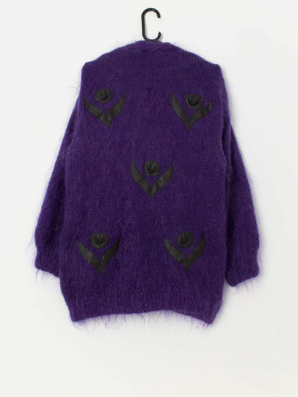 80s purple mohair cardigan coat with black floral appliqué - Large - Image 3