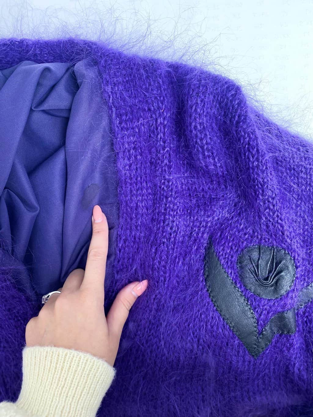 80s purple mohair cardigan coat with black floral appliqué - Large - Image 4