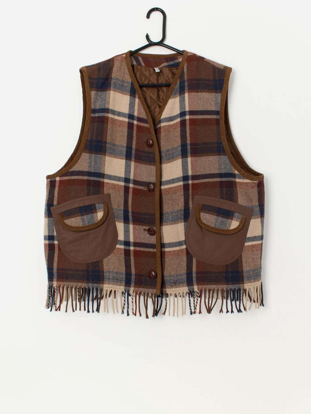 Vintage wool blend plaid fringed gilet - Medium