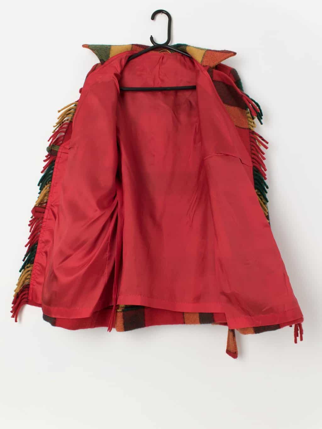 Bright vintage plaid wool jacket with belt and fringed hem - Medium - Image 3