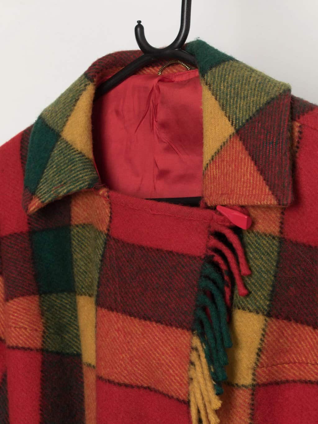 Bright vintage plaid wool jacket with belt and fringed hem - Medium - Image 2