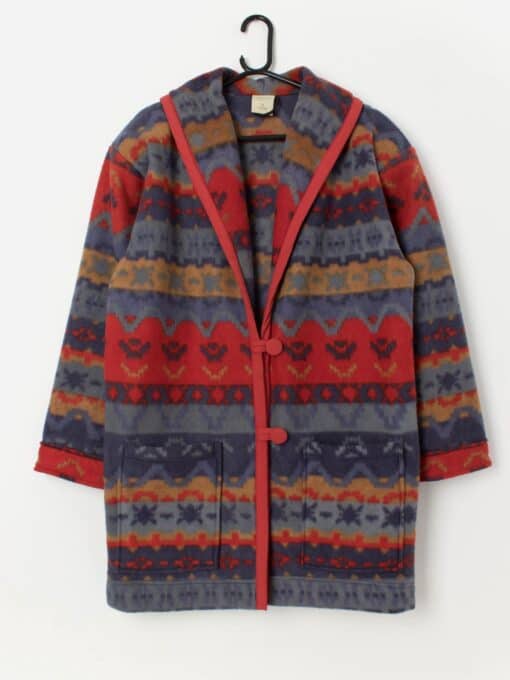 Vintage Aztec oversized fleece coat in blue and orange - Large