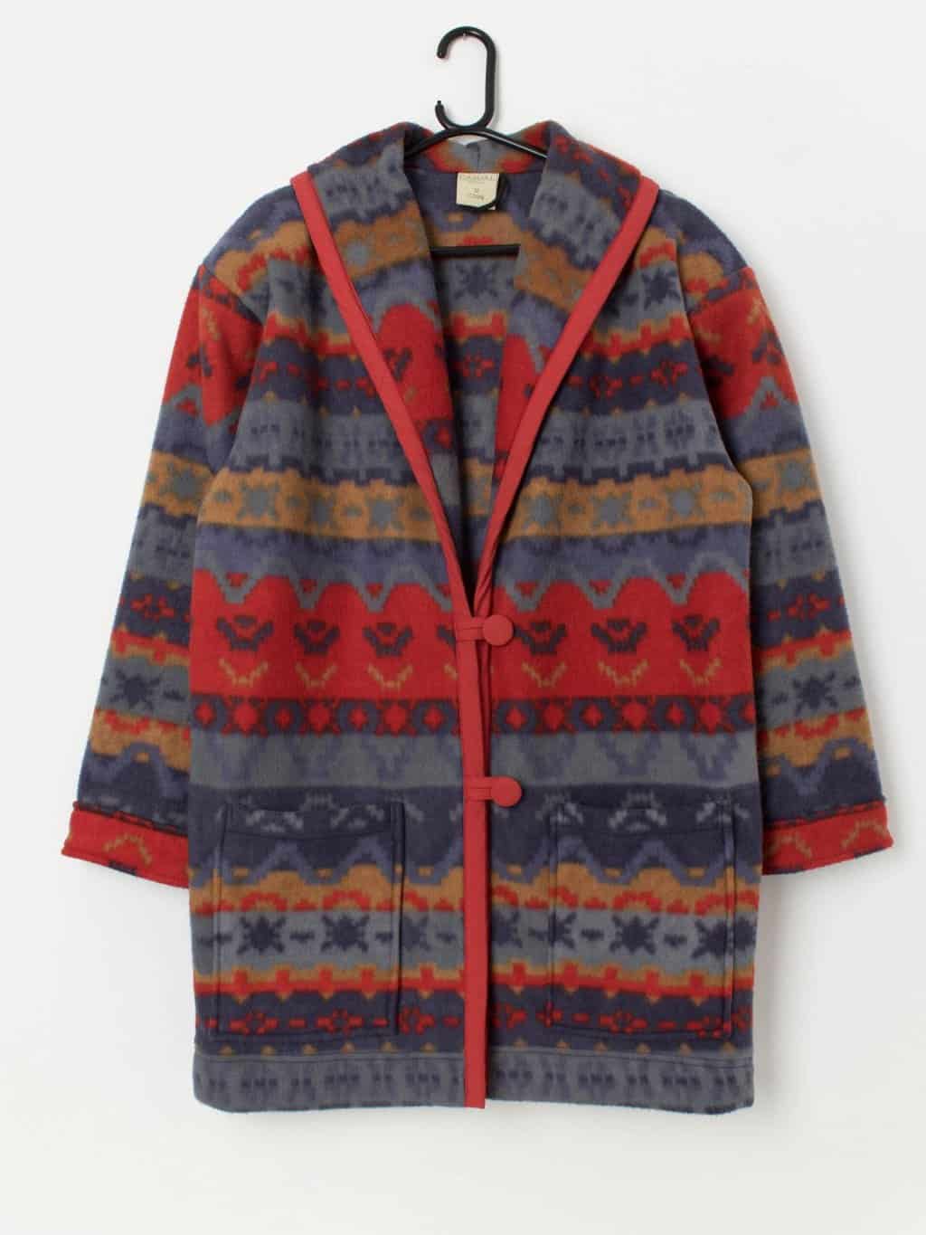 Vintage Aztec oversized fleece coat in blue and orange - Large