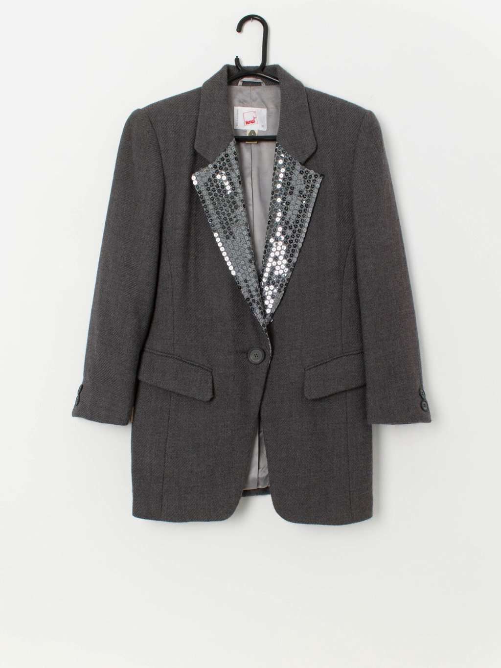 90s vintage Mondi grey wool blazer with sequin lapel - Small / Medium