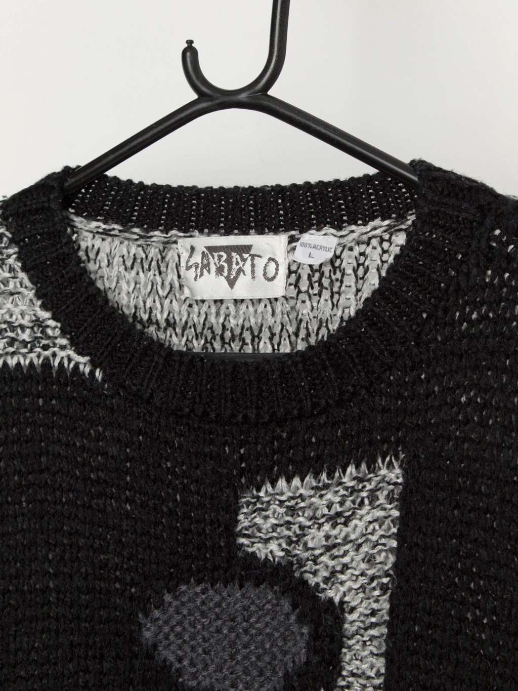 80s vintage black and white handknitted jumper - Large - Image 2
