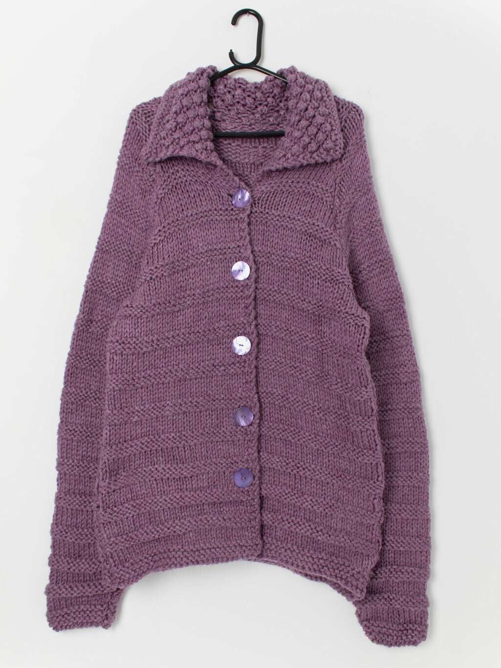 Vintage lilac handknitted oversized cardigan, loose knit - Medium / Large