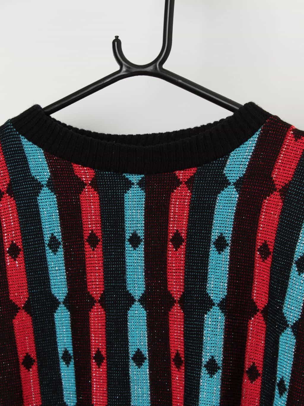 80s vintage sparkly batwing knitted jumper in blue and red - Medium - Image 2