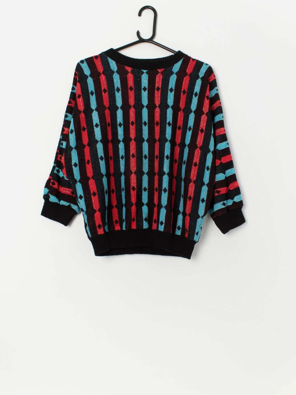 80s vintage sparkly batwing knitted jumper in blue and red - Medium