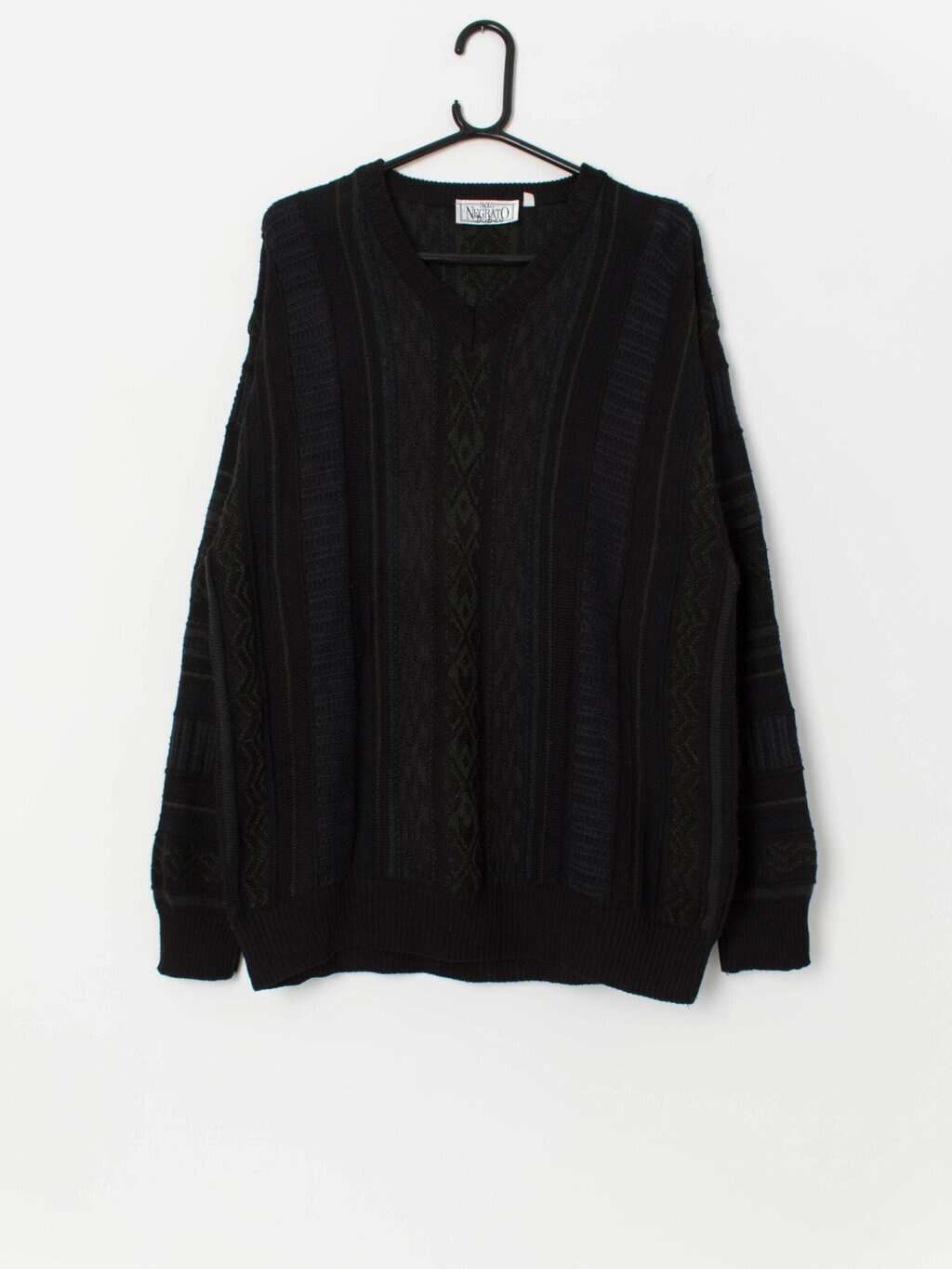 90s vintage knitted jumper in black and forest green - L