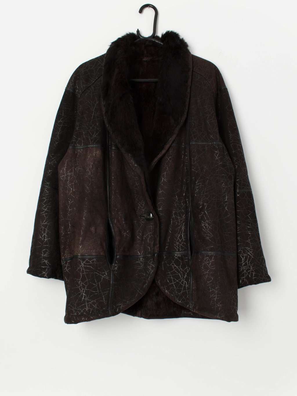 80s vintage fur lined leather coat in brown - L