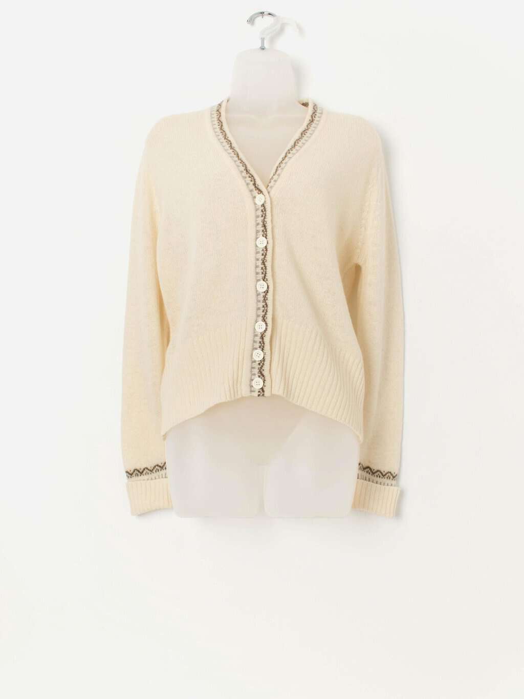 Vintage fine wool cream cardigan with brown detail - Small