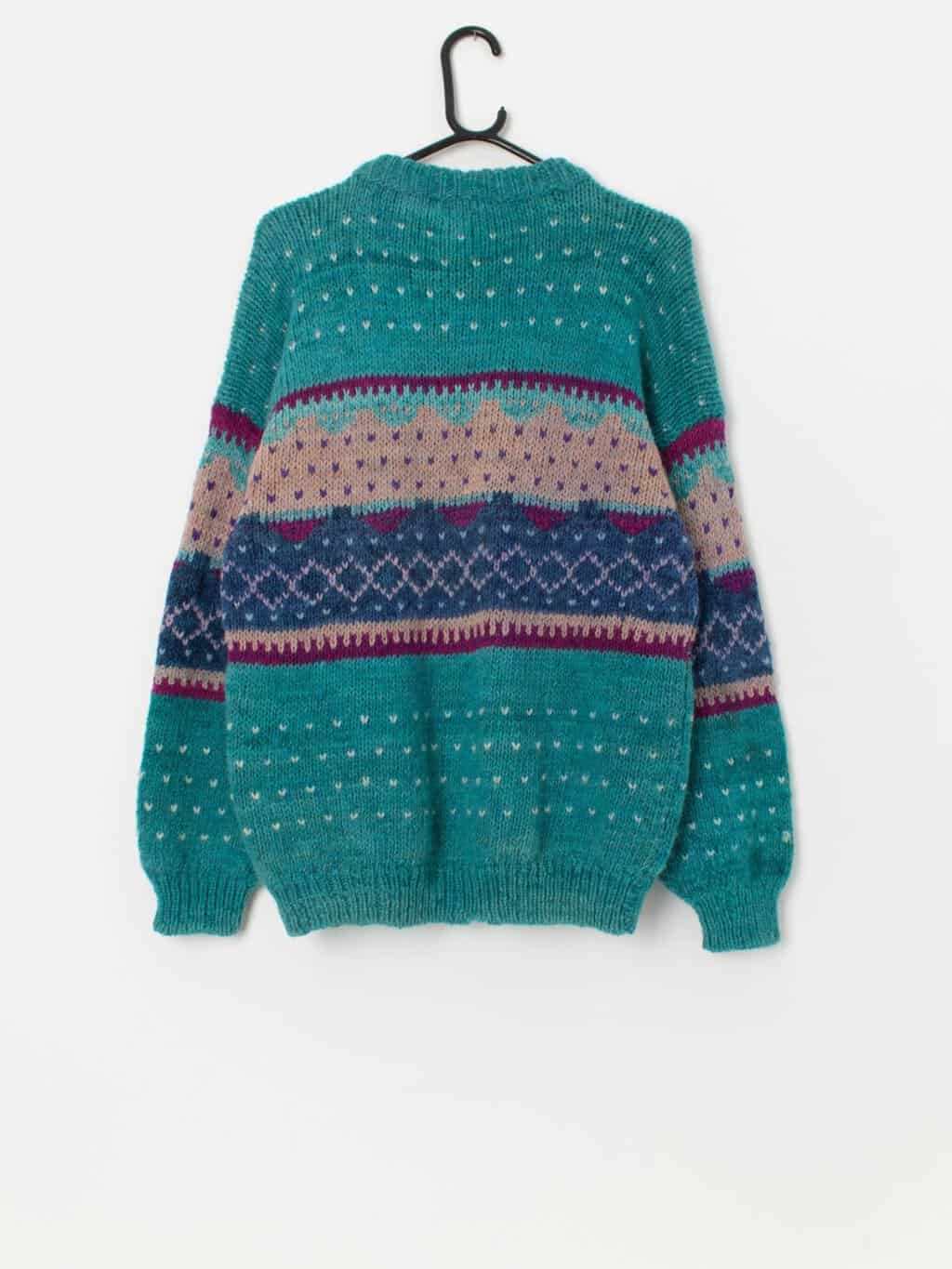 Vintage handknitted wool chunky knit jumper in teal - Medium / Large - Image 3