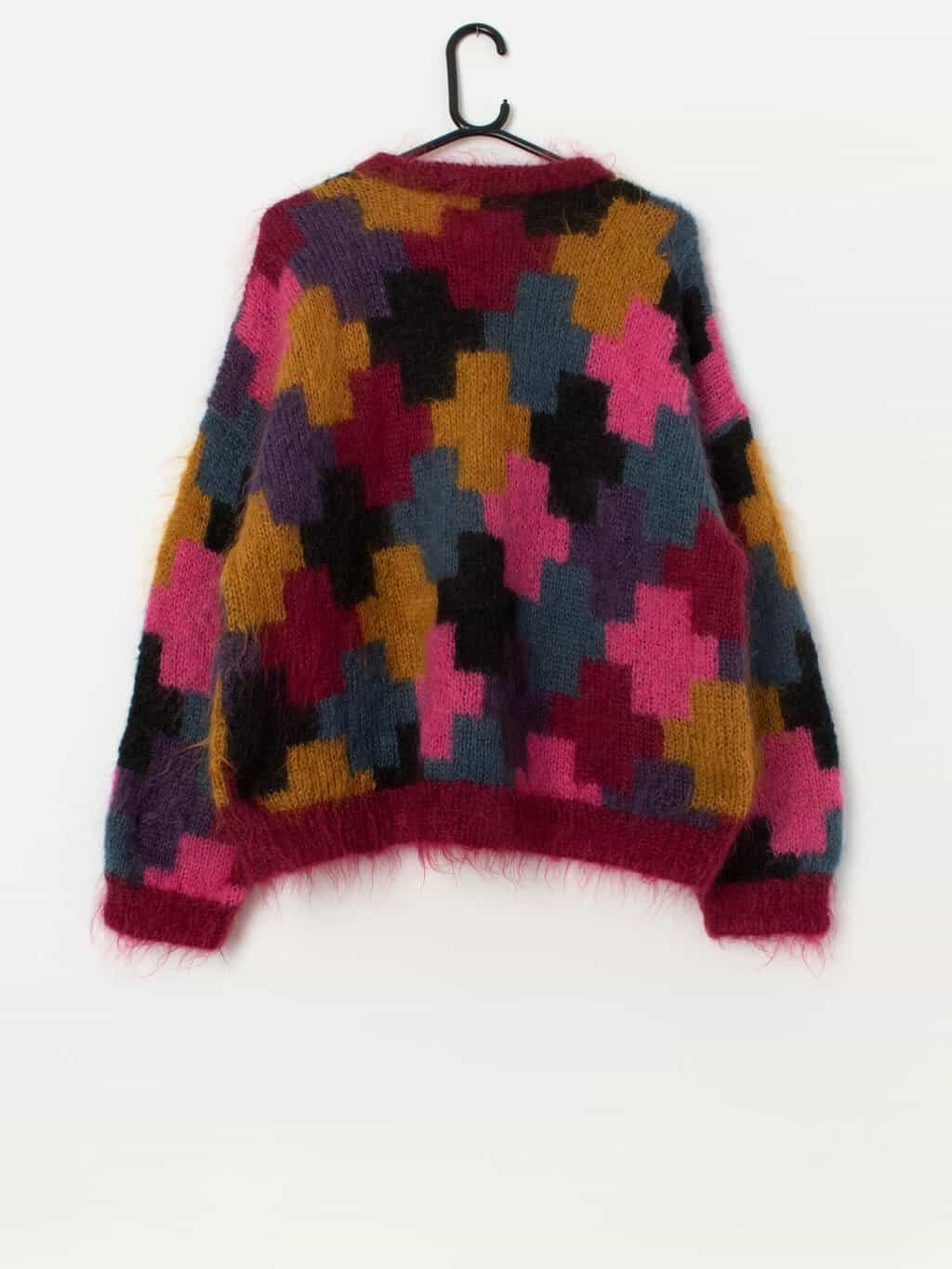 Vintage handknitted fluffy sweater in pink, yellow and purple - Large - Image 3