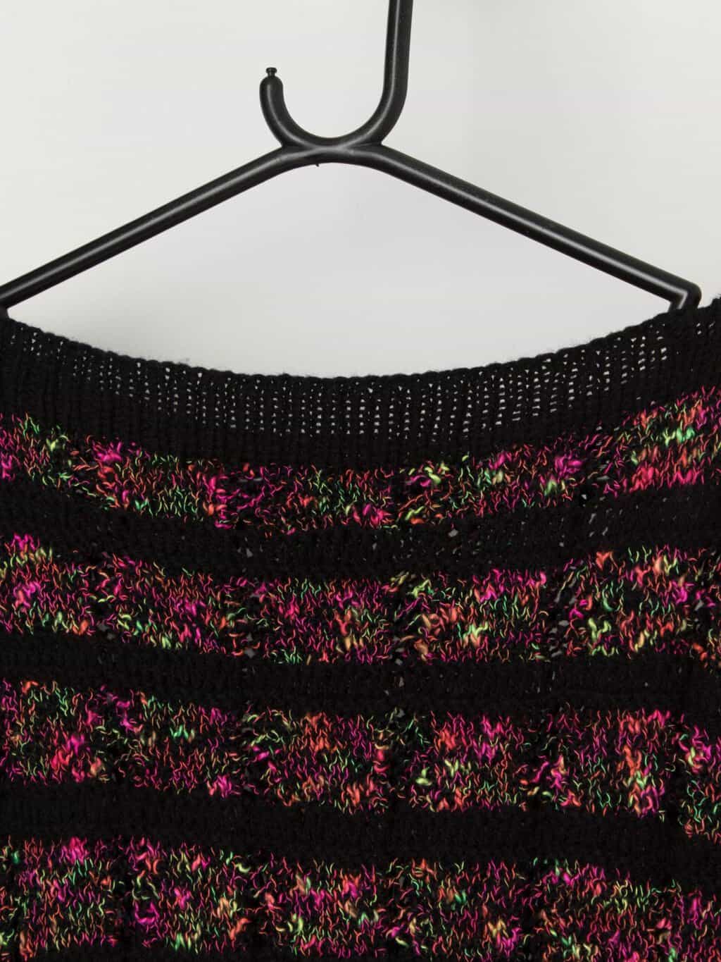 Vintage handknitted black sweater with neon pink and yellow stripes - Medium / Large - Image 2