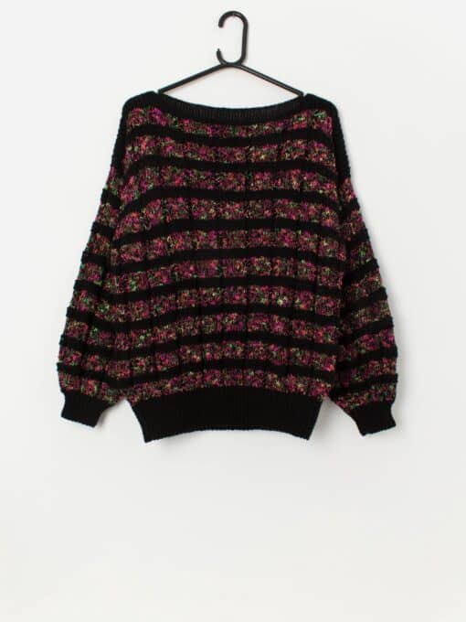 Vintage handknitted black sweater with neon pink and yellow stripes - Medium / Large