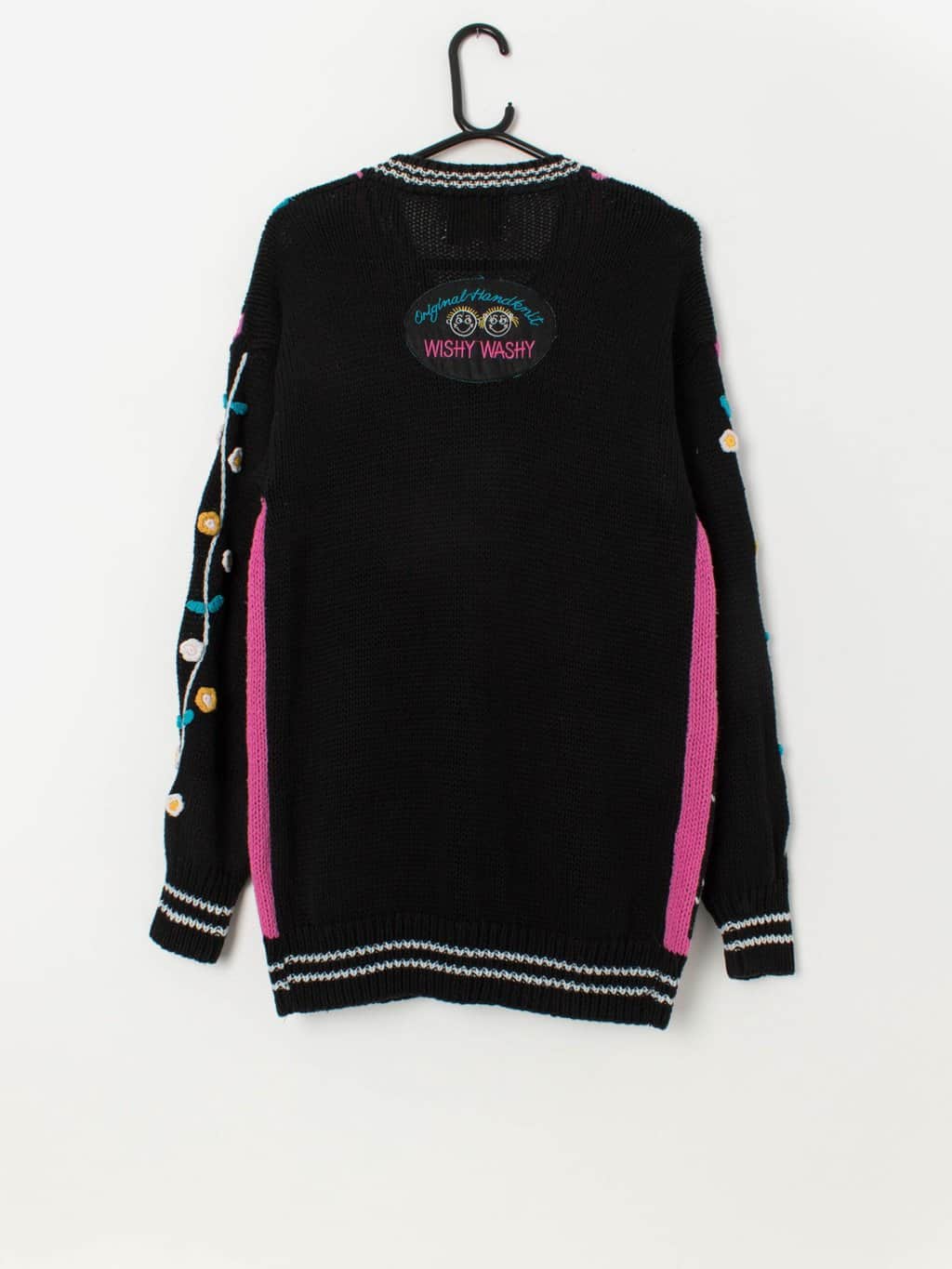 Vintage handknitted colourful cardigan with 3D flowers and characters - Medium - Image 4