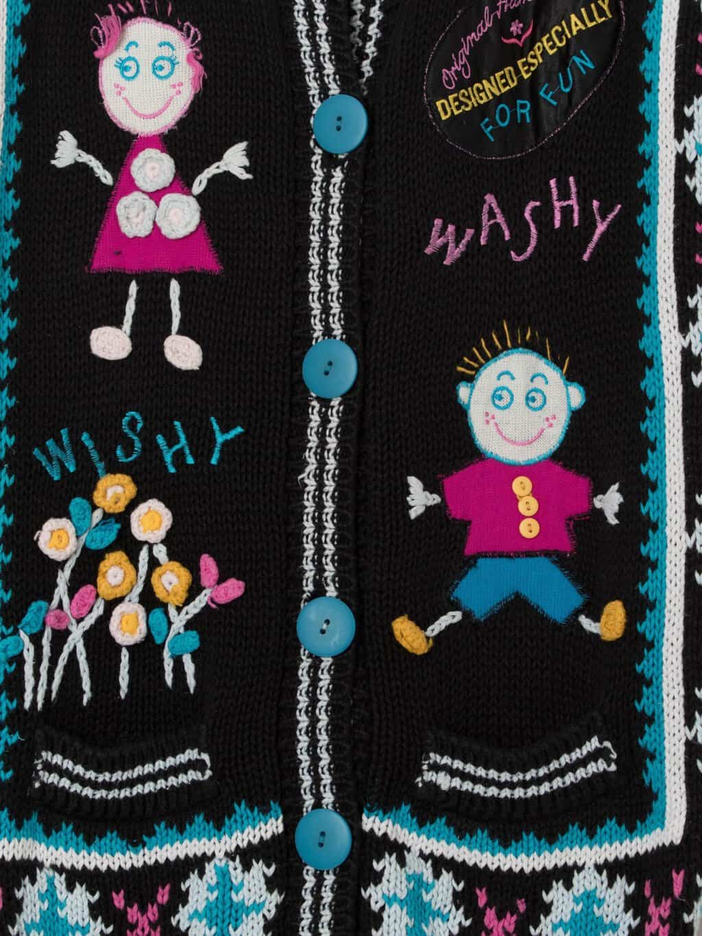 Vintage handknitted colourful cardigan with 3D flowers and characters - Medium - Image 3