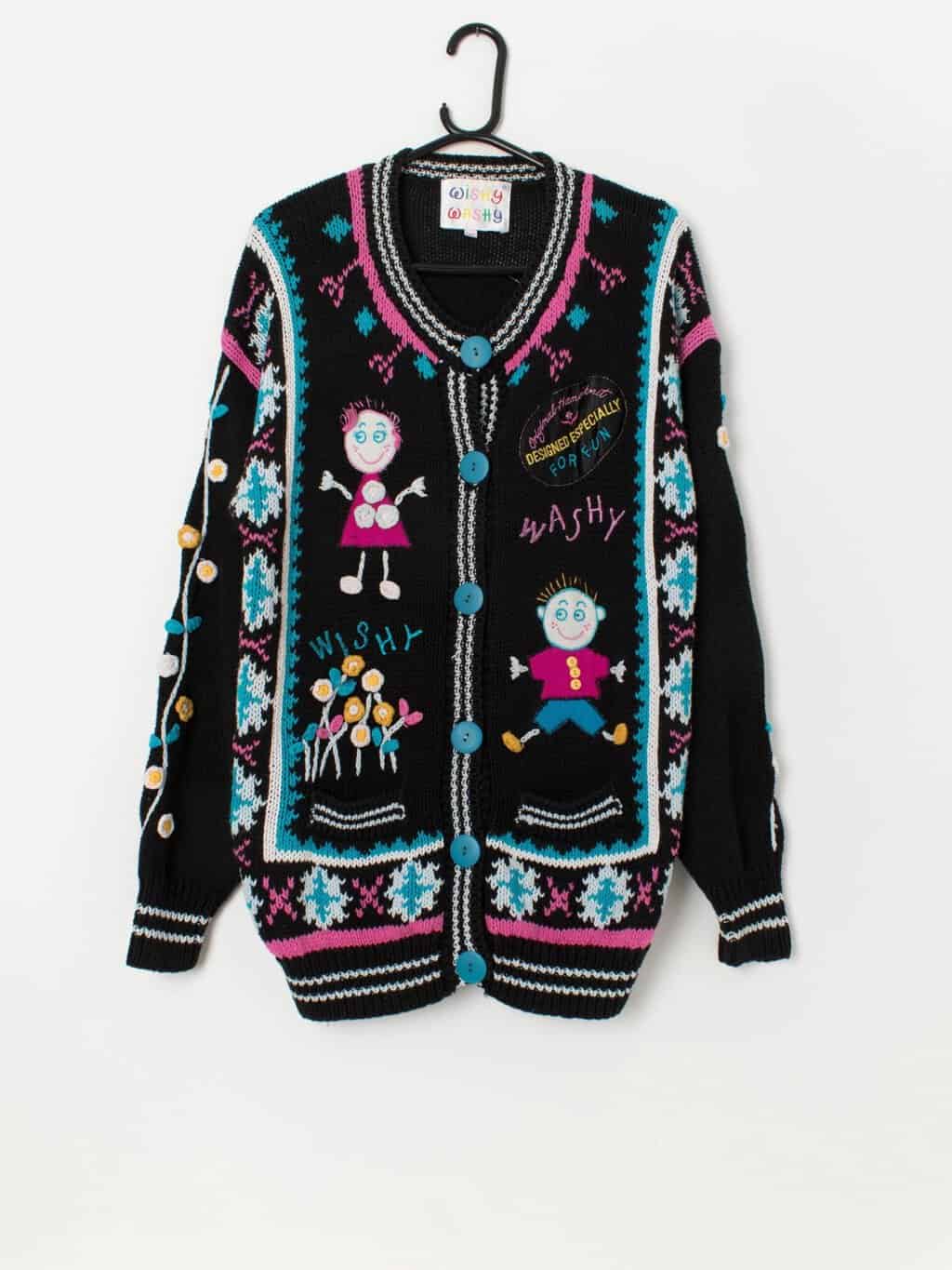 Vintage handknitted colourful cardigan with 3D flowers and characters - Medium