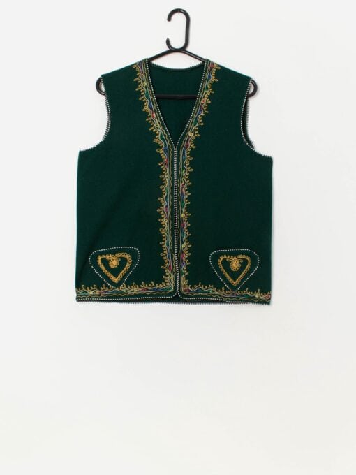 Vintage green embroidered wool waistcoat - Medium to large