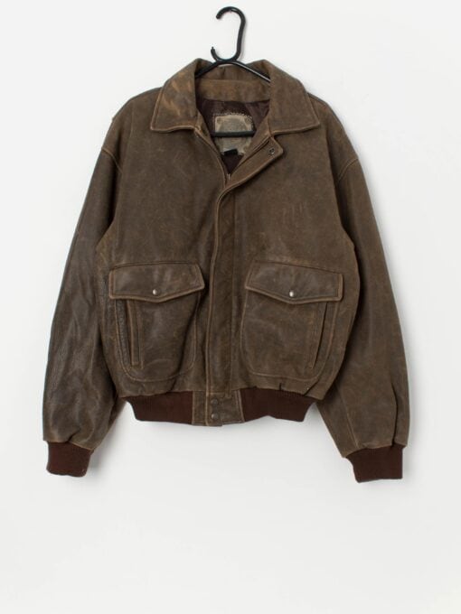 Vintage leather bomber jacket in light brown with zip and snap button closure - Medium