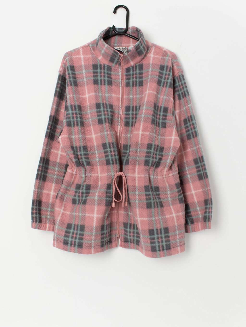 Vintage plaid fleece with drawstring waist in pink and green - Large