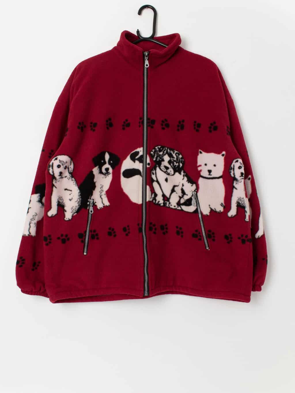 Vintage dog patterned fleece in red, made in UK - 2XL