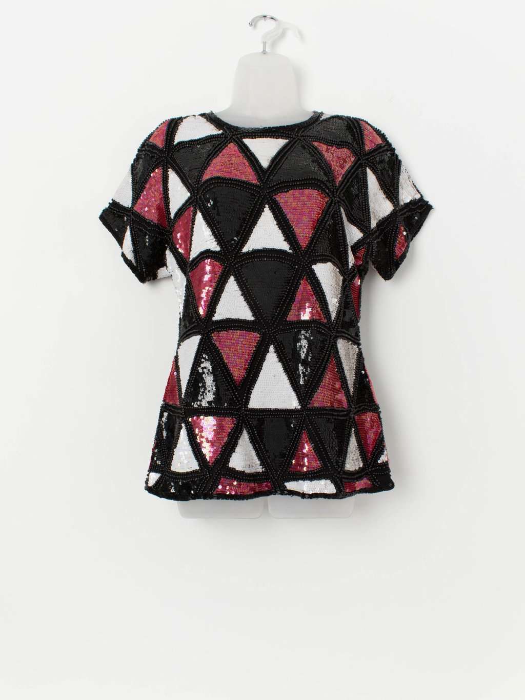 Vintage black sequin top with red and white triangle pattern - Small / Medium