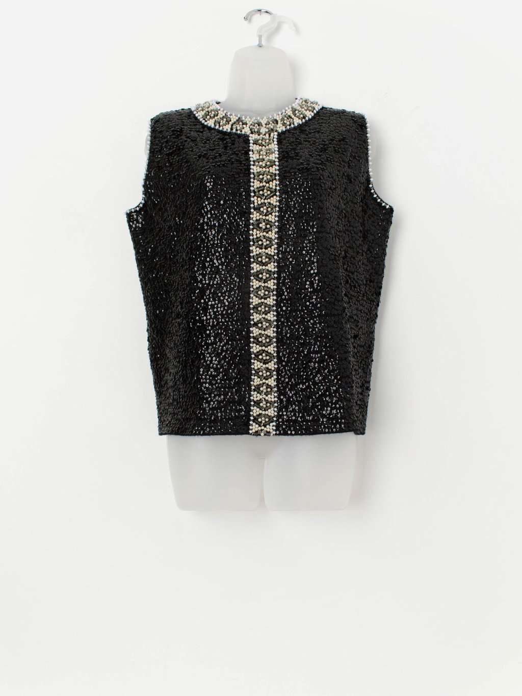 Vintage 60s wool beaded top, sequin vest black and white - Medium / Large