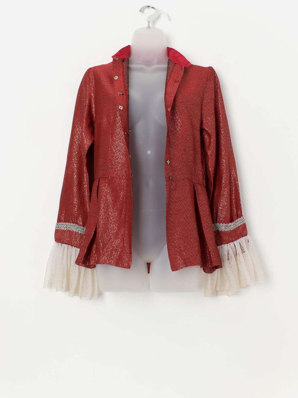 70s vintage handmade tunic with lace ruffle cuffs, red and silver stripes - Small / Medium - Image 2