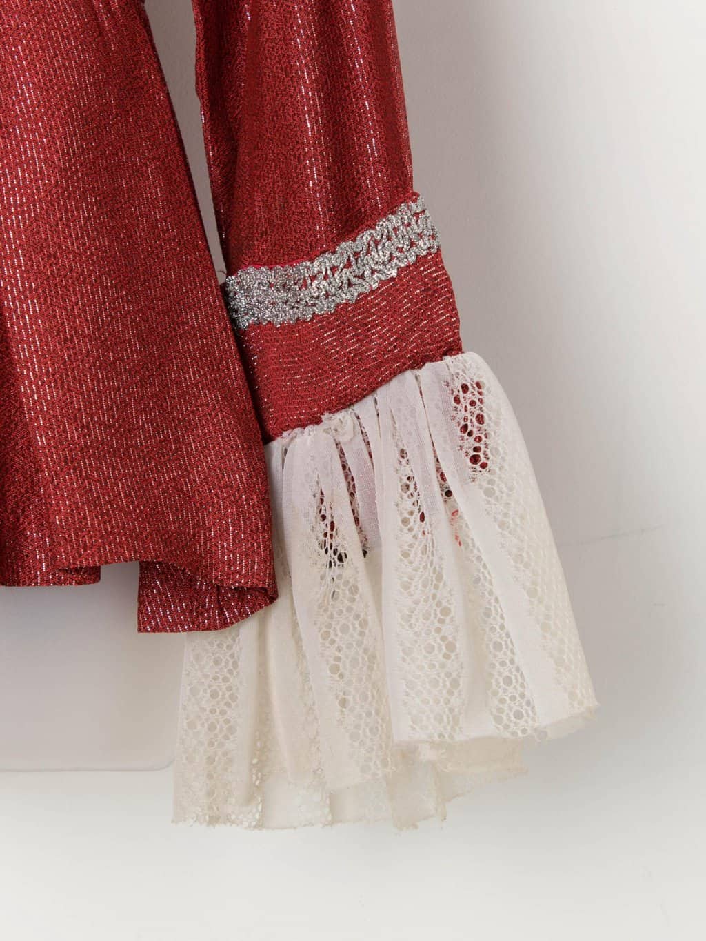 70s vintage handmade tunic with lace ruffle cuffs, red and silver stripes - Small / Medium - Image 4