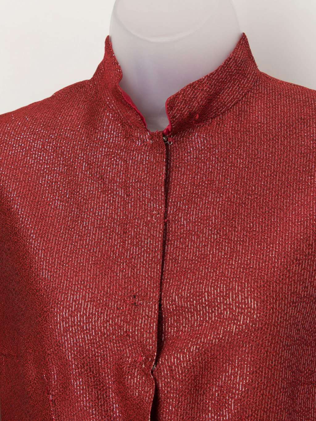 70s vintage handmade tunic with lace ruffle cuffs, red and silver stripes - Small / Medium - Image 3