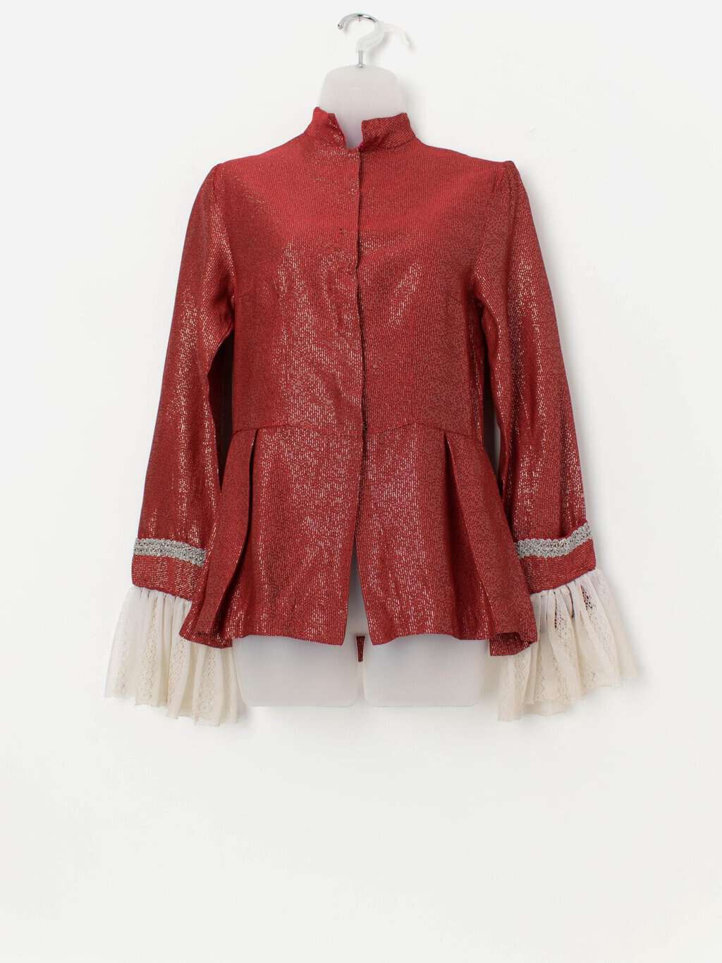 70s vintage handmade tunic with lace ruffle cuffs, red and silver stripes - Small / Medium