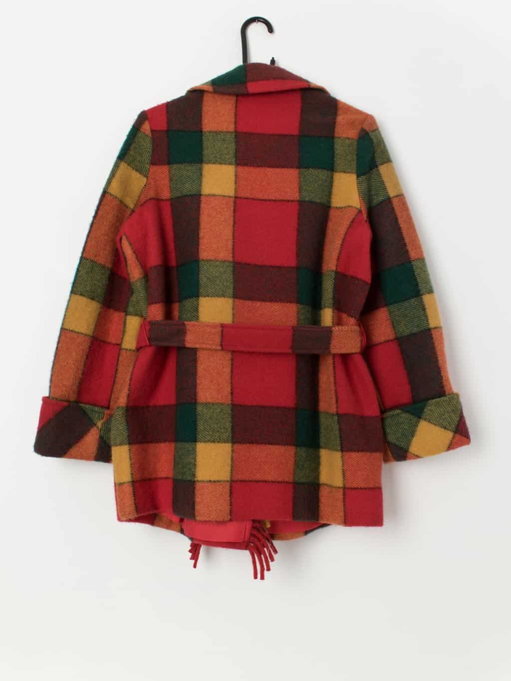 Bright vintage plaid wool jacket with belt and fringed hem - Medium - Image 4