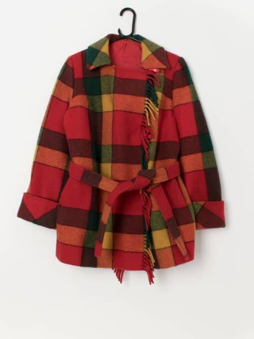 Bright vintage plaid wool jacket with belt and fringed hem - Medium