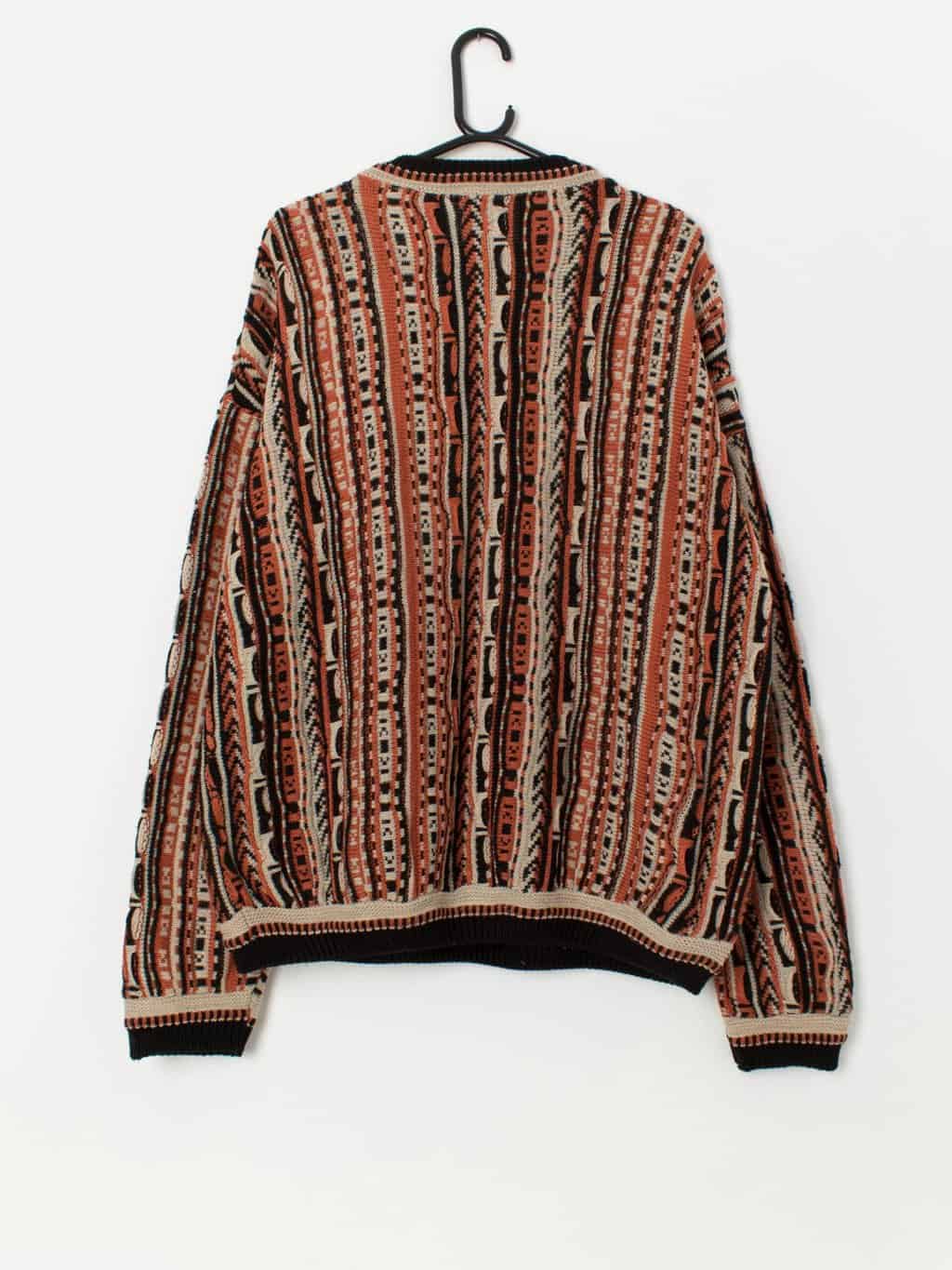 90s vintage Lavané orange and black 3D knit autumn jumper, made in USA - XL - Image 3