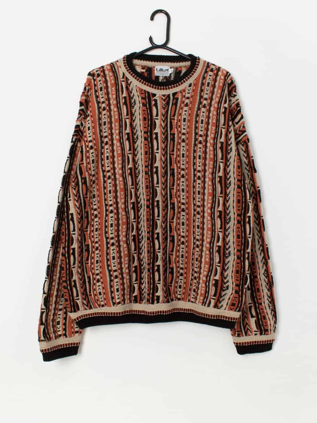 90s vintage Lavané orange and black 3D knit autumn jumper, made in USA - XL
