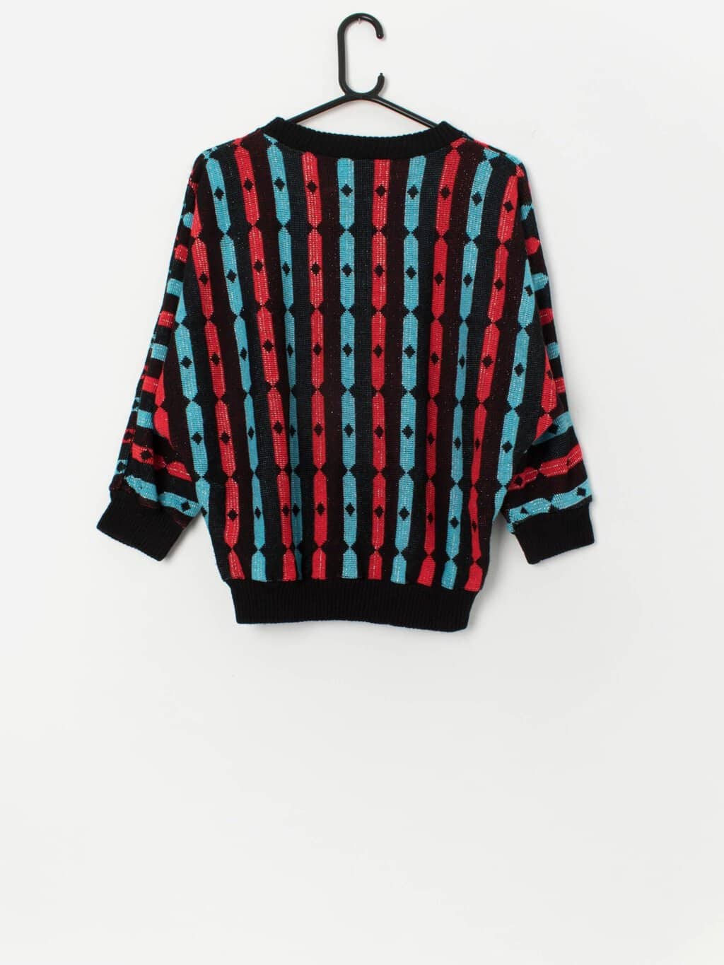 80s vintage sparkly batwing knitted jumper in blue and red - Medium - Image 3