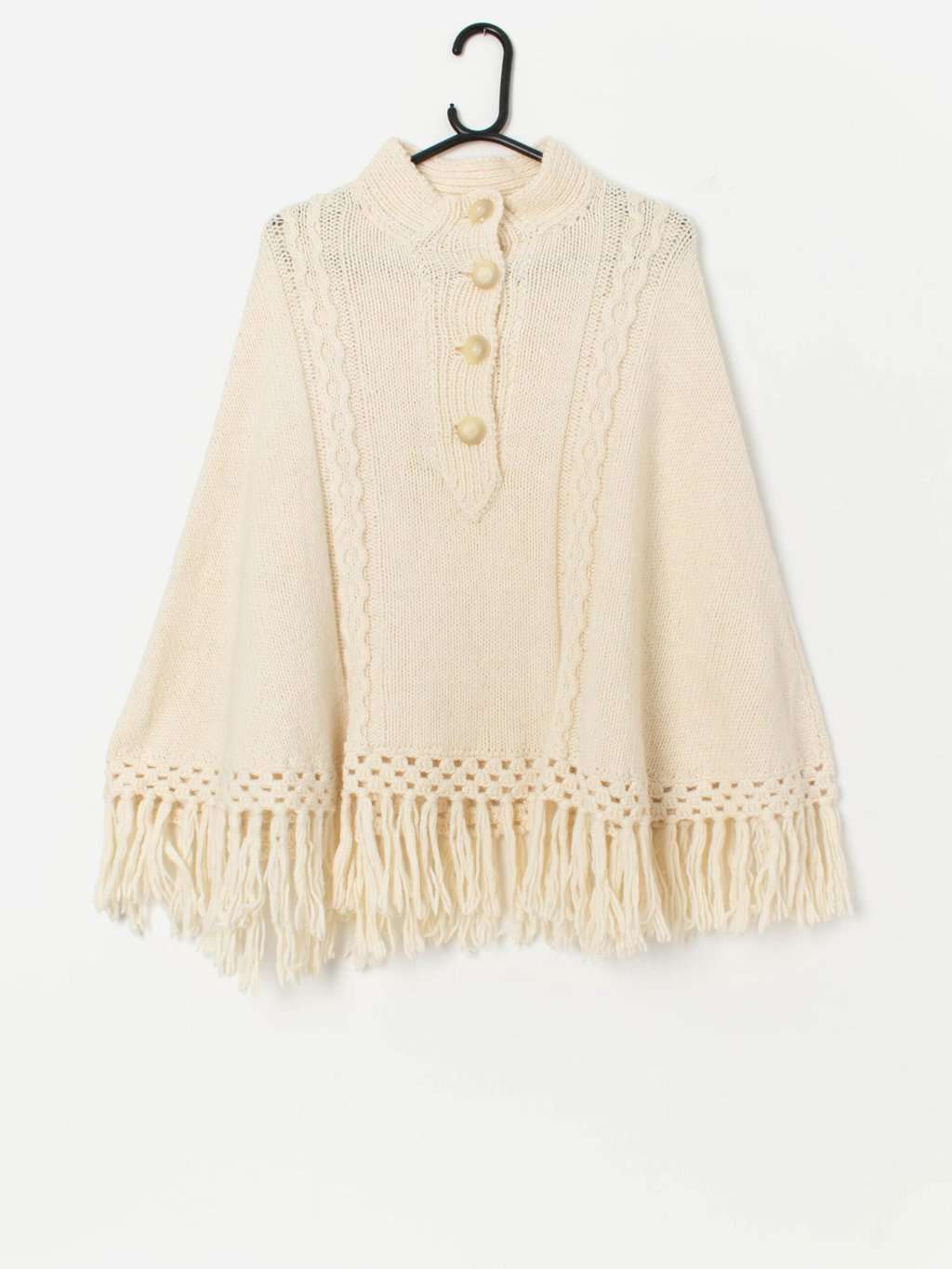 Vintage handknitted cream poncho with fringe detail - One size