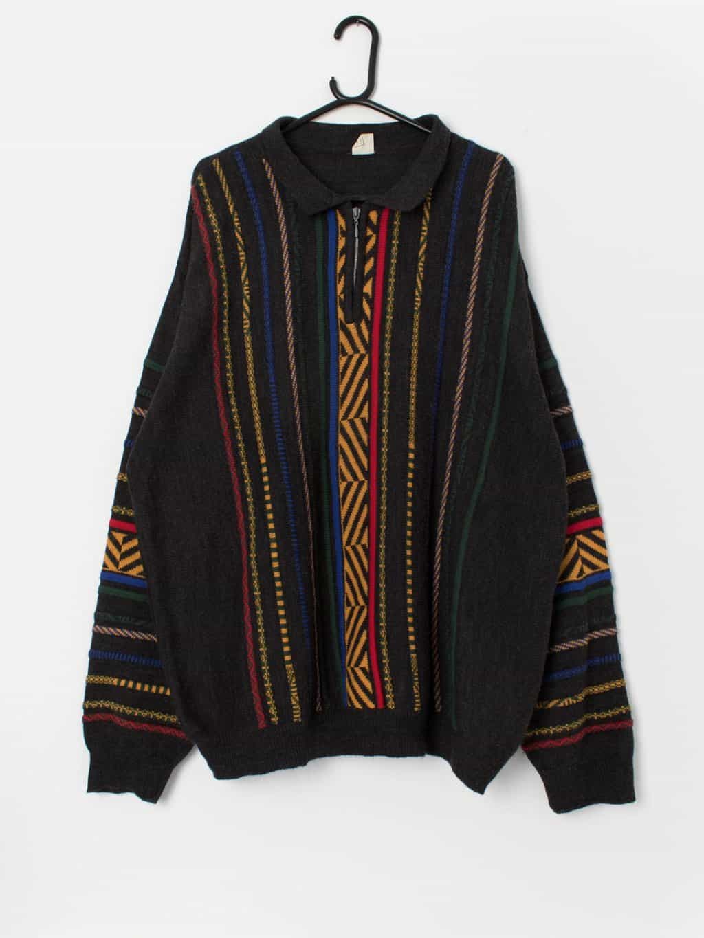 90s vintage 3D knit multicoloured jumper with quarter zip - 2XL
