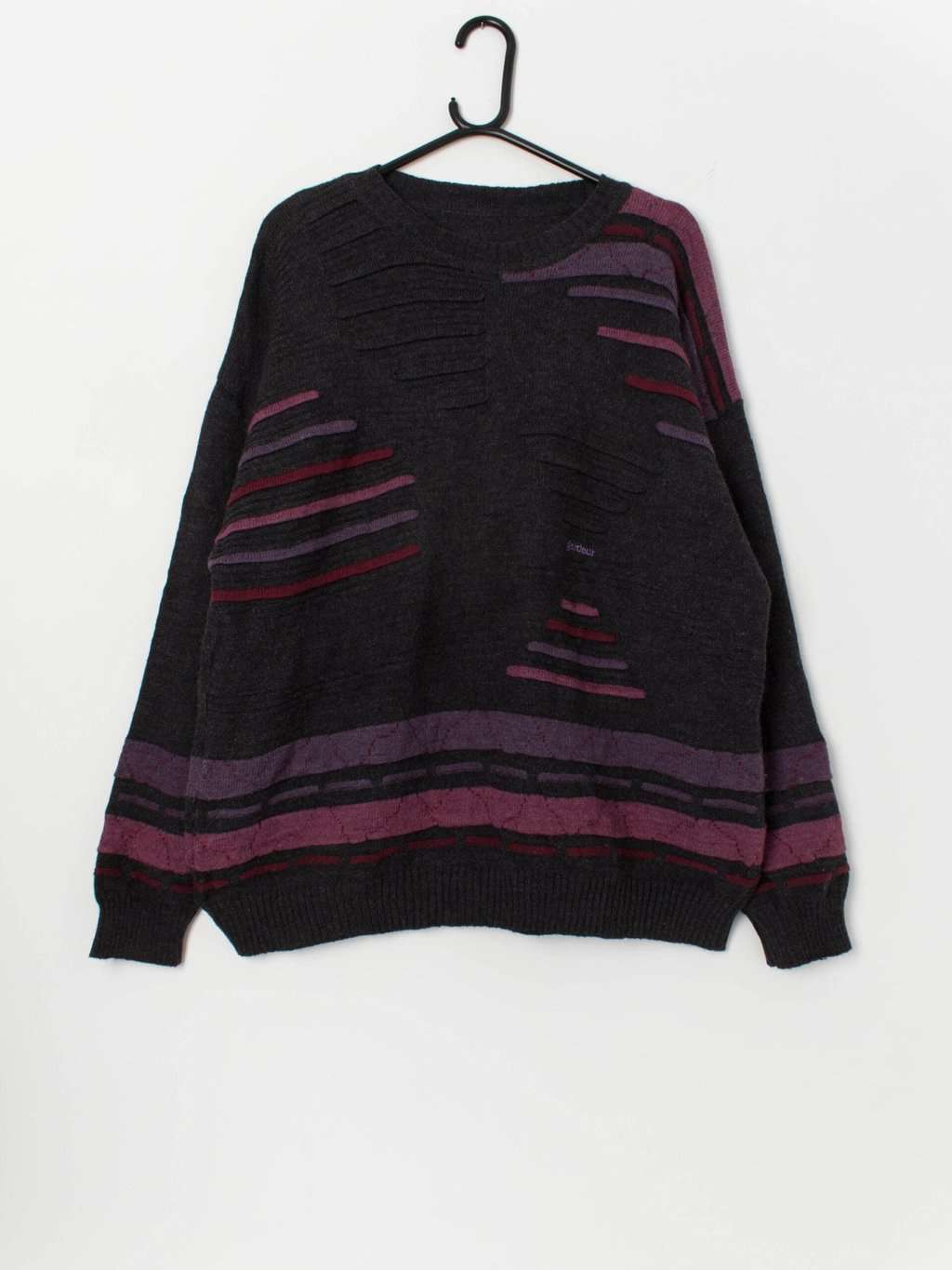 Vintage 90s knitted jumper in grey and purple - Large / XL
