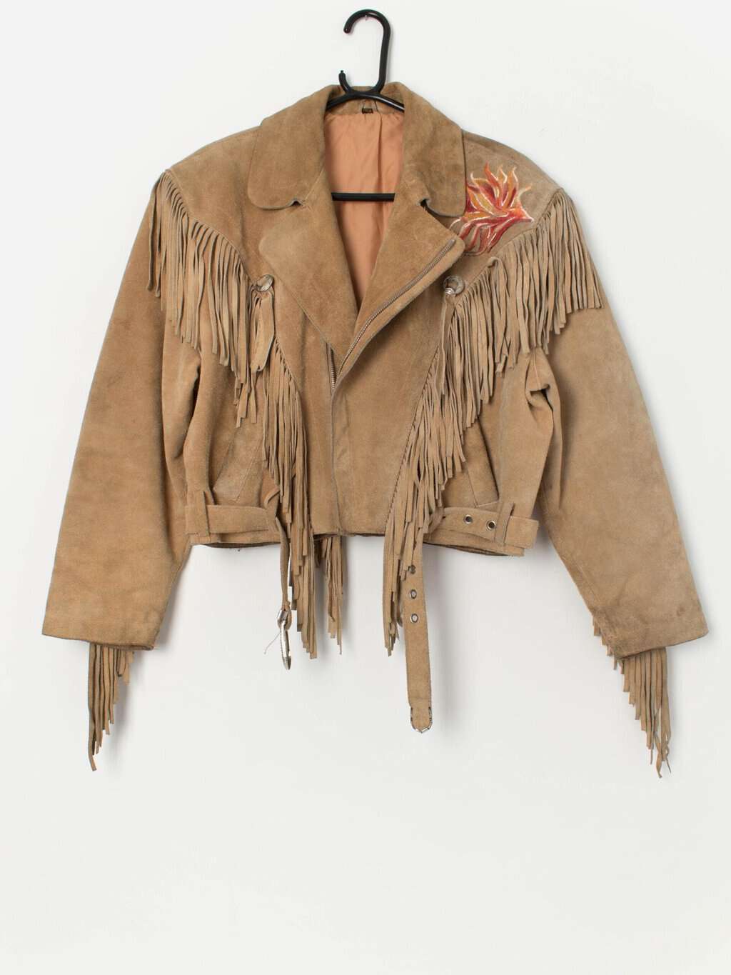 Vintage suede western jacket with hand painted collar and fringe detail - Small / Medium
