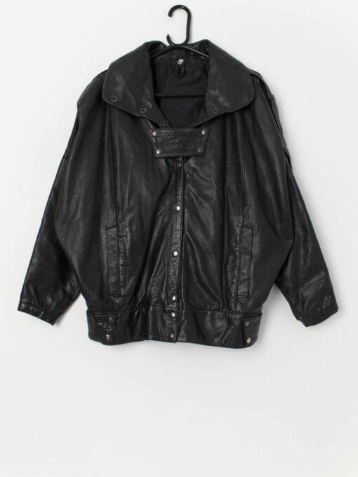 80s vintage black leather jacket, oversized - Medium
