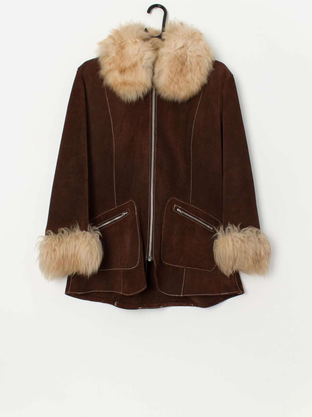 70s vintage suede jacket with sheepskin collar and cuffs - Small / Medium