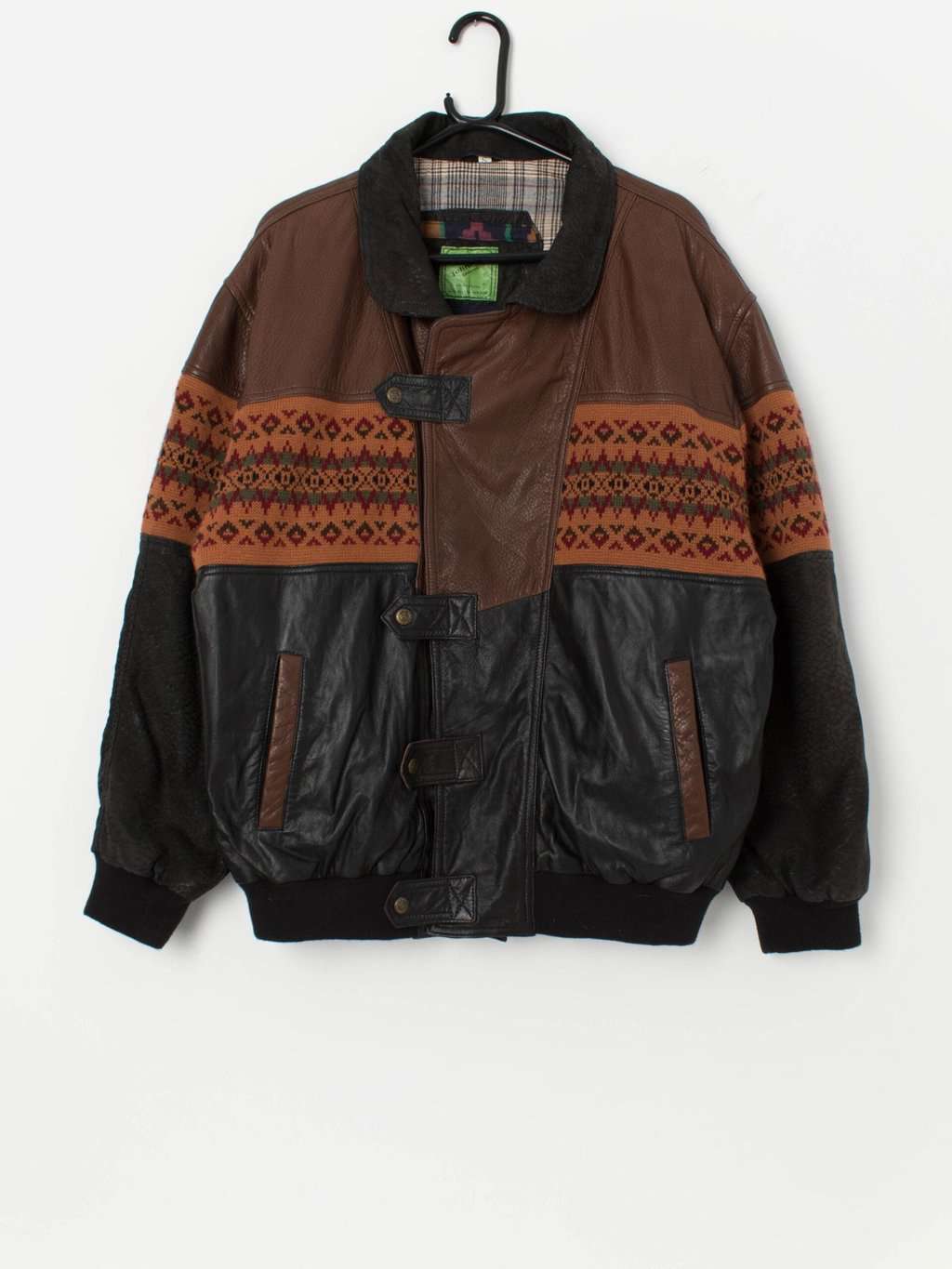 Vintage leather Aztec bomber jacket in brown, black and autumn orange - Medium