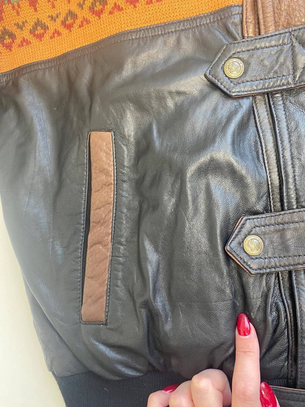 Vintage leather Aztec bomber jacket in brown, black and autumn orange - Medium - Image 5