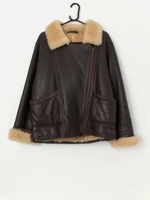 Women's vintage sheepskin jacket, brown leather flight jacket - Medium