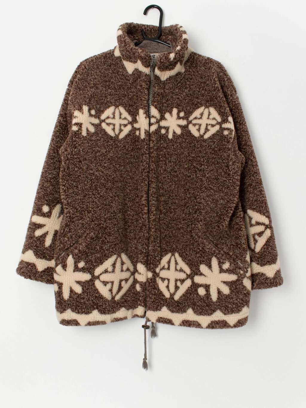 90s vintage borg fleece in brown with geometric pattern, cosy fluffy mens jacket - Large