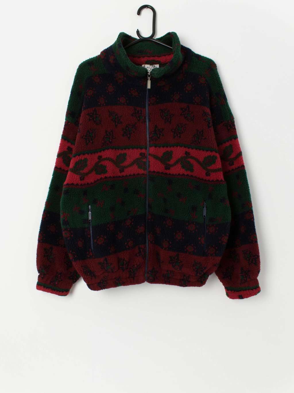 90s vintage patterned fleece in forest green and red - Small / Medium