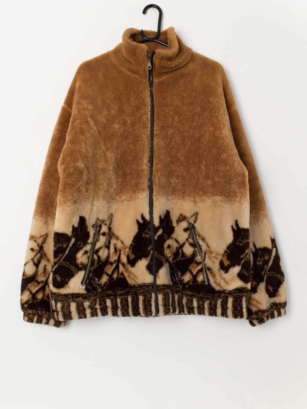 Vintage horse patterned fleece in brown, made in England - Large
